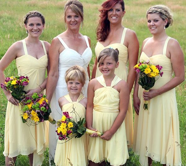 pink yellow and purple bridesmaid dresses